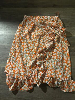H&M Orange Floral Asymmetrical Wrap Skirt with Ruffle Trim
